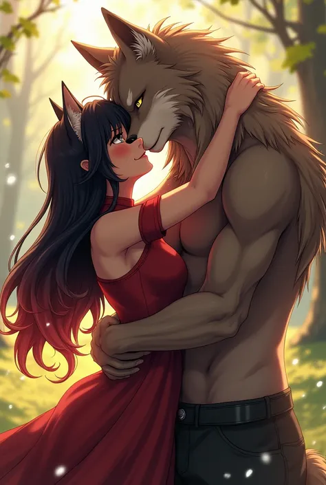 Anime black and red hair wolf girl and anime 
Wolf Boy cuddling 