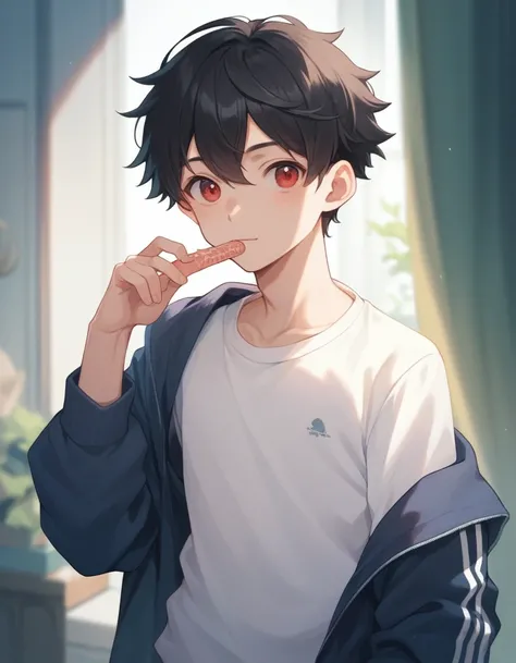 Create a cute boy with short black hair and red eyes with clothes 2024