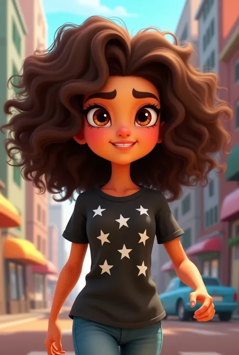 This animated character "Subway Surfers" would have an urban style and full of personality. Your hair is voluminous, with long defined curls, standing out as a striking feature. Her expression is confident and serene, reflecting a fearless attitude. She we...