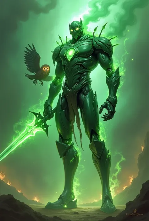 Draw me a tall thin warforged in a green suit who has the powers of green fire and smoke and wields a green flaming sword and has a fire elemental in the for of an owl at his side