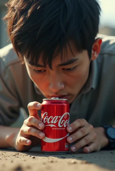 A person drinking coke looking at the ground 