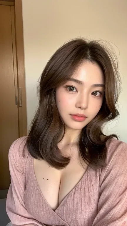 ((Highest quality, 8k, masterpiece: 1.3)), 1 female, Japanese Mature,Sensual beauty: 1.3, (Hair style Brown hair Medium wave, big: 1.2), Nightwear: 1.1, Super Slender Face, Delicate eyes, double eyelid, Dimples,Mole, Home,Plump body, Cleavage, very thick l...