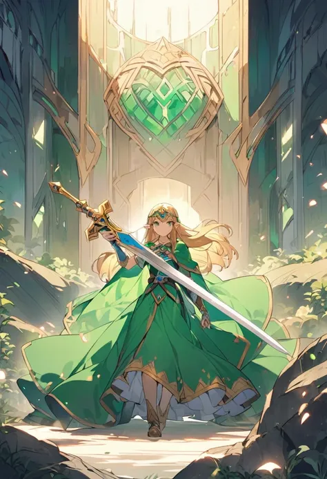 Princess Zelda with a sword, green suit and she is all alone
