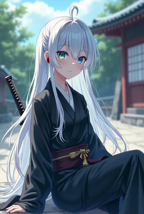 1 , 18-years old, blue and green eyes,black and white kimono, longye hair, hypdertailed, gray hair,determined, standing alone, near the dojo ,sitting down , next to a sword,earbuds