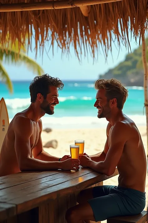 Surfers chatting at a beach bar