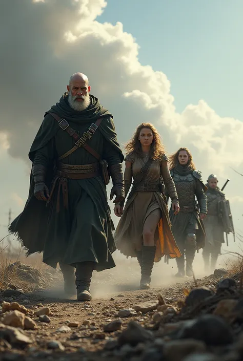 A bald bearded sorcerer walking across a ravaged battlefield with a long-haired woodland ranger woman, a mysterious male monk with golden hair, and warrior woman. 