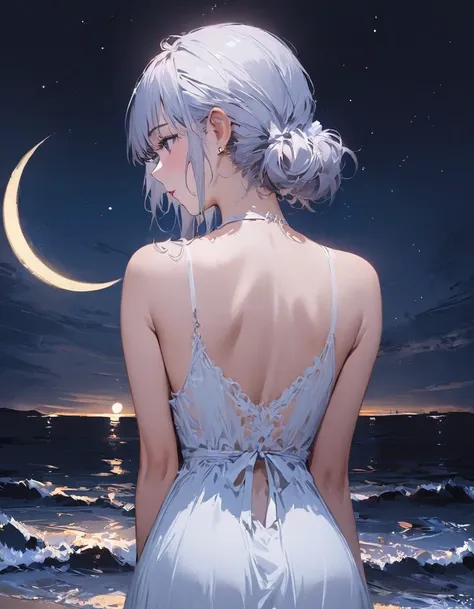 masterpiece, one girl, white dress, back view, oil painting style, night, crescent moon, seaside, many stars