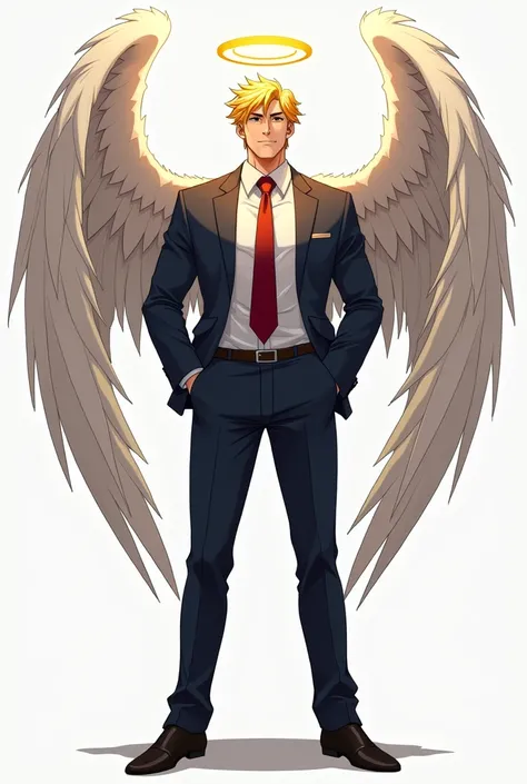 Angel guy blonde with wings and halo, strong build, in a business suit, full length, anime style 