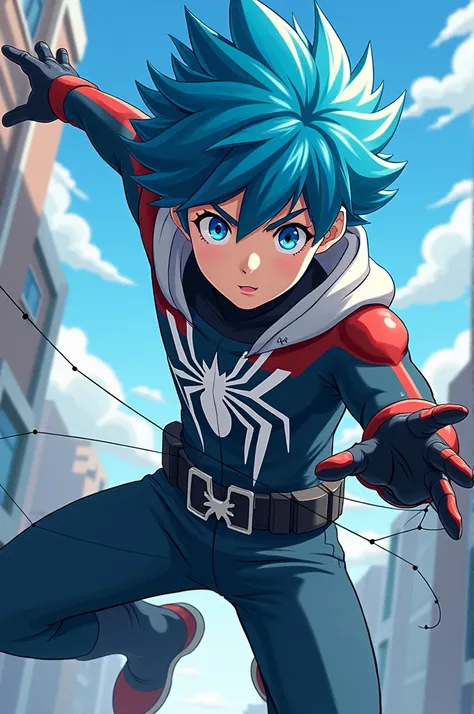 A male boy with spiky blue hair and spider-like features is releasing webs from his hands. The image is anime.