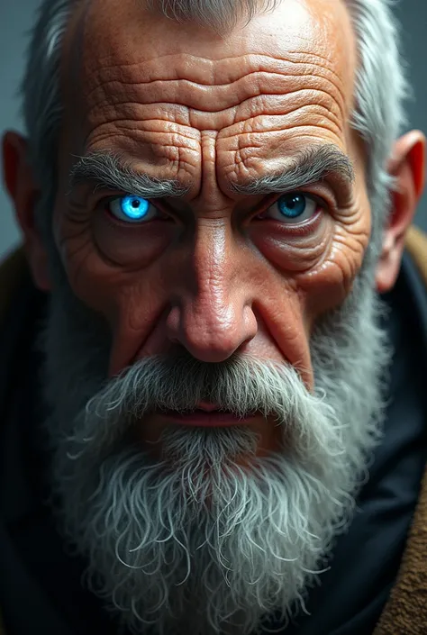 The defiant and angry look of an old man, with a bright and mind-blowing blue eye color, with long beard