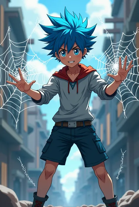 A male boy with spiky blue hair and spider-like features is releasing webs from his hands. The image is from an anime. He has the features of a real spider. 