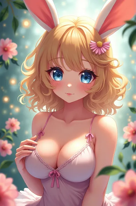 Cute anime girl with bunny ears, blonde curly hair and blue eyes photo. ((large breasts)), cleavage, sexy, submissive,