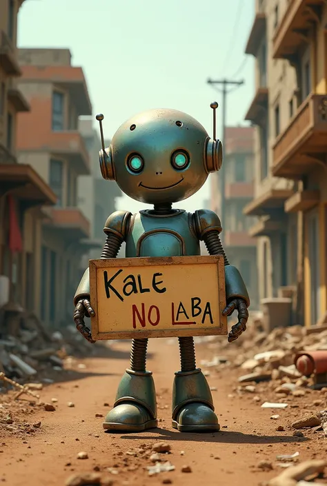 a friendly retro robot in the middle of a pist apocalptic African city holding a sign thats "Kale no laba"
