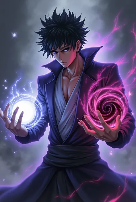 Make me an Itadori style character from Jujutsu Kaisen, I want it to have a purple aura from which white rays of pure energy come out, I want you to have two big balls in your hands, On the right, I want to make it black and red. I want this ball to have g...