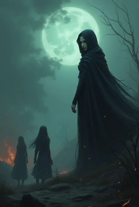 world fantasy. There is a witch (described as a beautiful woman in a black veil) standing in the distance who is glaring and smiling faintly. Meanwhile, around him, other magical girls were being dragged away to be sacrificed. include title: Witchs Lament....