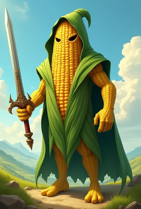 A large green-hooded corn holding a sword 