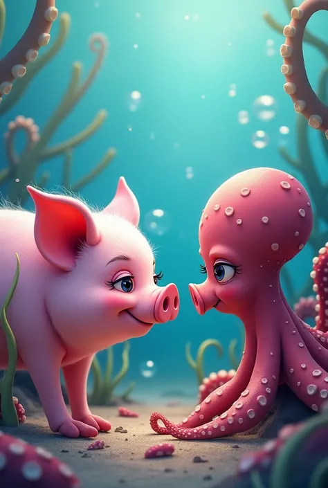 a pink pig and an octopus staring at each other 