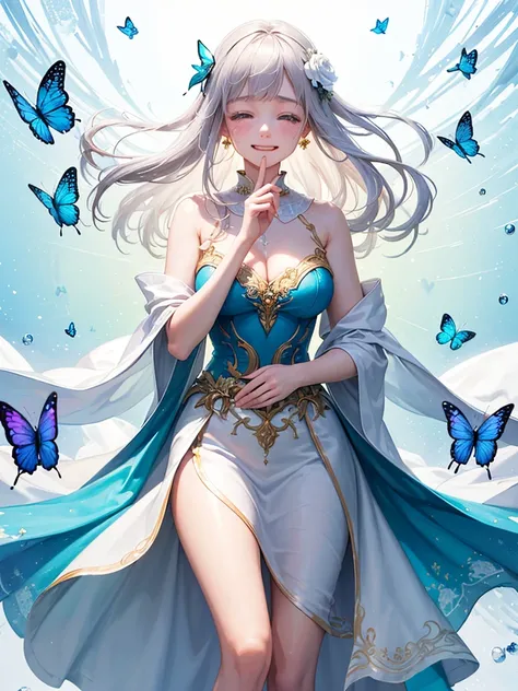 (masterpiece、Highest quality、Highest quality、Beautiful and beautiful:1.2)、(Perfect Anatomy:1.2)、Milky white straight hair girl、Butterfly Fairy、Rose flower costume、Floral costume、A radiant smile、Large tears、tears、Crying face、tears of joy、lower one&#39;s hea...