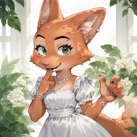 score_9, score_8_up, score_7_up, 2D art, digital art, Diane_Foxington, black eyebrows, silver piercings on eyebrow, fox tail, 4 fingers, black lipstick, emerald eyes, ginger fur, dusty-pink nose, dress