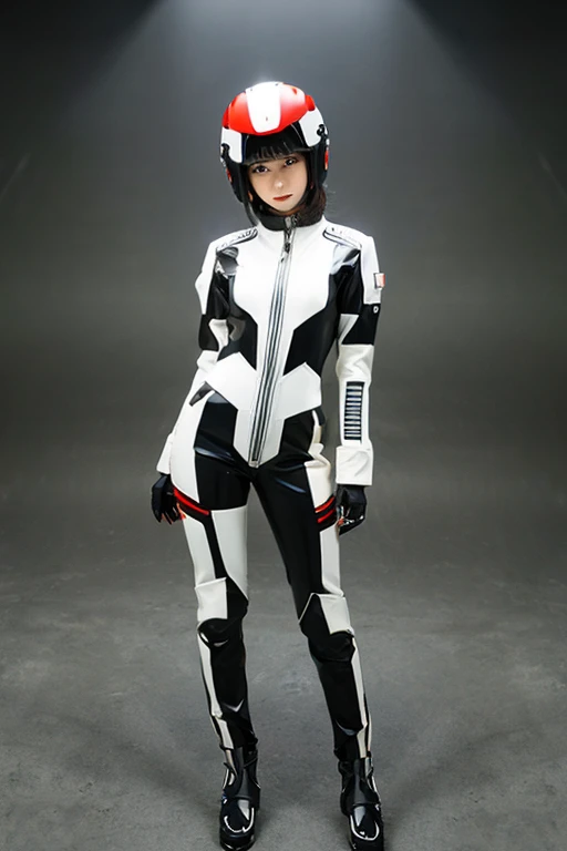 Japanese girl posing in a mechanical suit and helmet