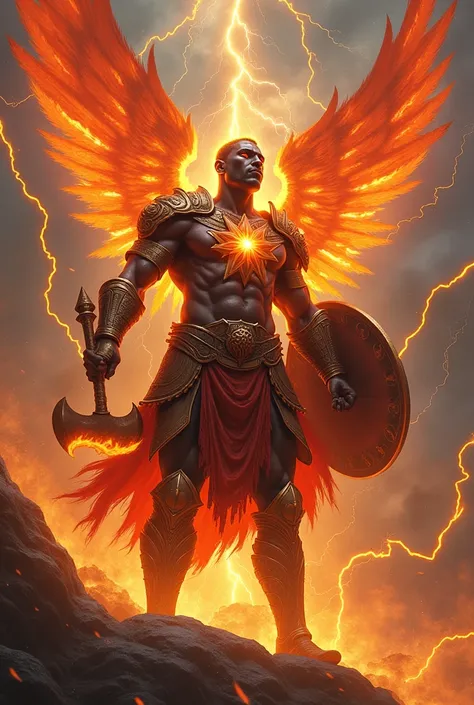 Black warrior man with defined abs in battle and fire star on chest with eyes of fire and armor coated in fire, a bow on your back, a shield in his left hand and a fire axe in his right hand, large wings like fire in a state of submission to the creator of...