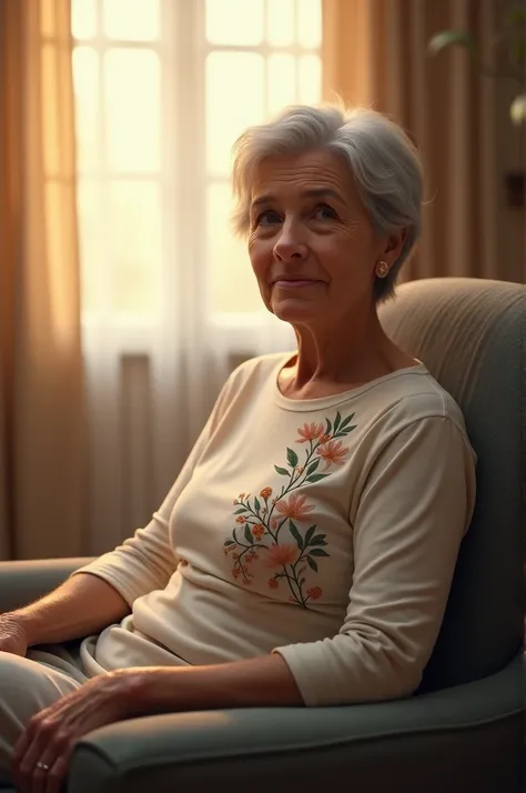 "An older woman with short gray hair, sitting in a comfortable chair, wearing a fitted long sleeved t-shirt with floral print. The woman has a calm and confident expression, with a relaxed posture lying on the chair. The lighting is soft and warm, and the ...