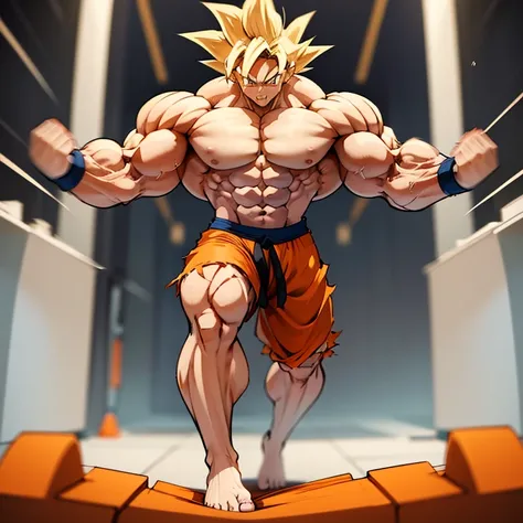 (A detailed drawing of goku, Bodybuilding-Fitnessstudio.), With a naked torso, Ripping clothes, shorts, slip, the strongest of all, huge muscular body, big Bizeps, big shoulders, Muscle legs,abs, Barefoot, Martial arts, high step, Full body image, Rear vie...