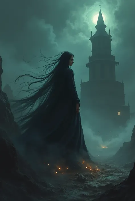 world fantasy. There is a witch (described as a beautiful woman in a black veil) standing in the distance who is glaring and smiling faintly. Meanwhile, around him, other magical girls were being dragged away to be sacrificed. include title: Witchs Lament....