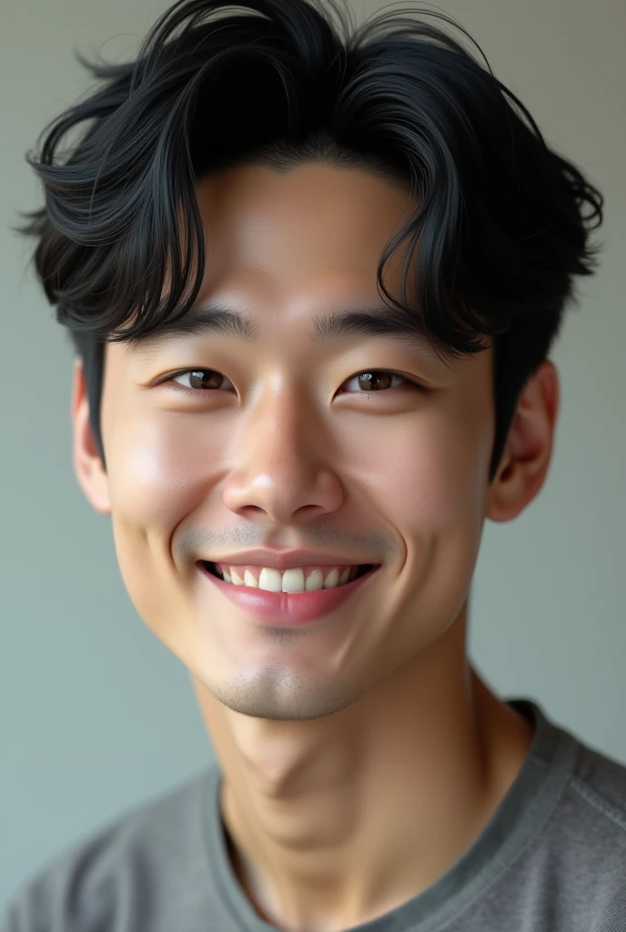 (Photorealism:1.2), korean man, realisitic, wavy black hair, expressive eyes and gentle smile