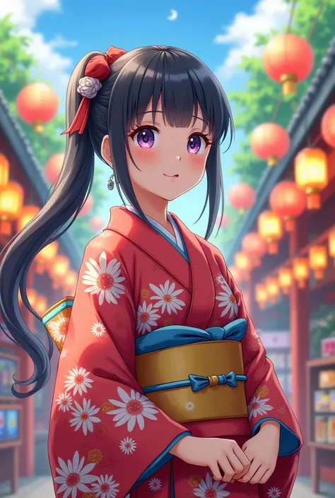 Ponytail, high school girl, yukata, summer festival, as shown in the picture