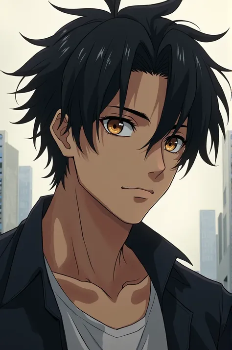 A dark haired man with brown eyes and anime style 