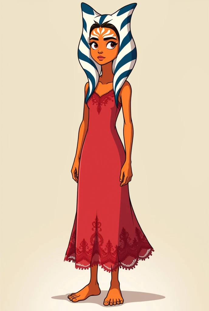 Cartoon accurate ahsoka standing barefoot wearing a red sleeveless lace  nightgown to her hips.