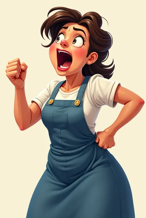 Create an illustration of a brunette woman, to wear a denim apron, that he is speaking loudly and that it is seen that he is about 40 years old, make him less expressive , Now it looks more like an animated image


