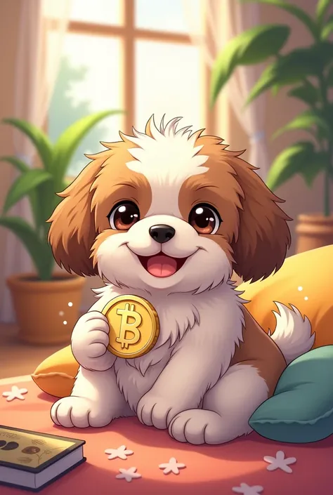 shih tzu puppy, cute, happy, holding coin, relaxing in apartment, anime drawing