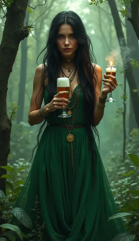 Woman in green gypsy dress with black long black hair which glass which beer or hand and cigarette standing in front of the mouth of the forest