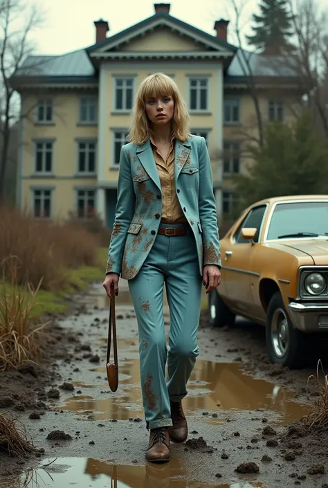 (photorealism:1.2), Dirty fully covered of mud and manure wet hair. Blonde 1977 bob woman. Blue pale 70s suit fully covered of  huge shiny mud, with clumps of  manure, slurry and excrement. Very Dirty White 70s shirt with collar over the jacket lapels with...