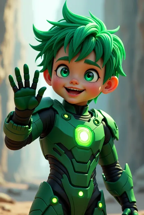 Green-haired human boy, green gem on chest, with green technological armor, icon type, waving at the screen