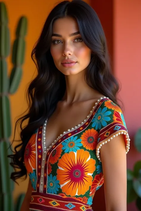 Barbara in a traditional Mexican fiesta dress, elegant and colorful floral pattern dress, long dark hair, detailed facial features, warm lighting, vibrant colors, highly detailed, 8k, photorealistic, studio lighting, professional portrait 