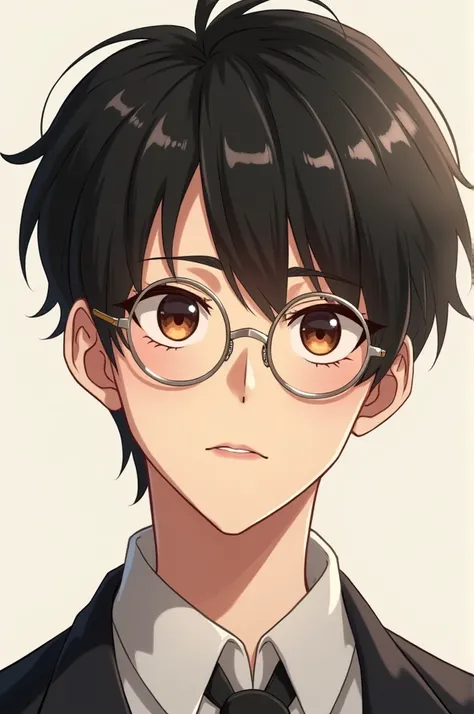 Dark haired man with brown eyes and round anime style glasses 