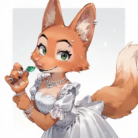 score_9, score_8_up, score_7_up, 2D art, digital art, Diane_Foxington, black eyebrows, silver piercings on eyebrow, fox tail, 4 fingers, black lipstick, emerald eyes, ginger fur, dusty-pink nose, dress