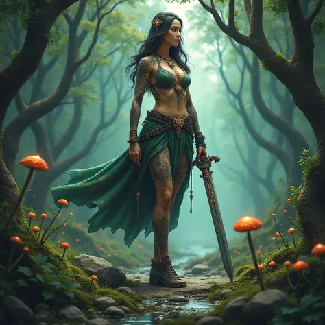 tattooed woman with a sword in a mystical forest 
