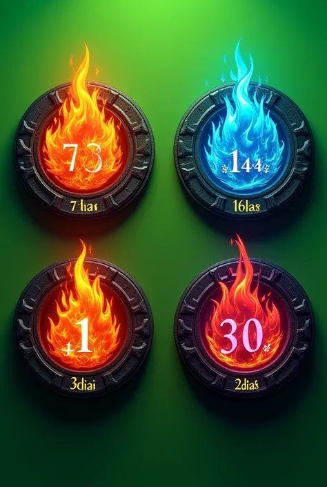 { "incite": "A STICK 2 render.Detailed 5D rendering of four distinct emblems representing different levels in a dark GAME. Each emblem is highly stylized and features the following: FLAME OF FIRE written in capital letters: "7DIAS", FLAME OF blue fire writ...