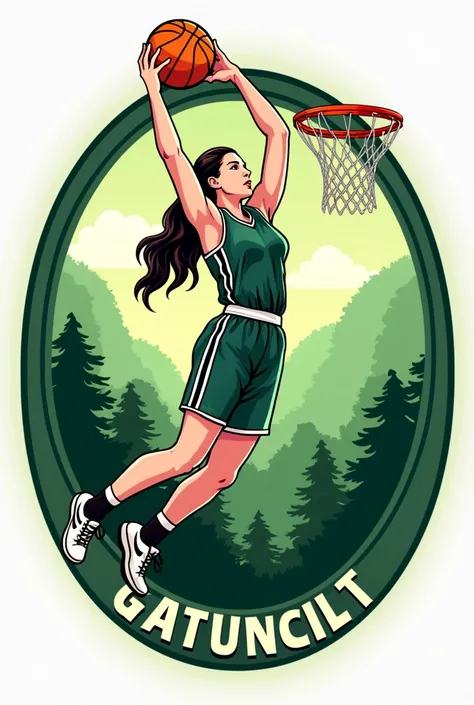 Girls basketball logo where one jumps like Michael Jordan and makes a basket. I have it look green and say Gatuncillo Secondary School and the logo has a circle shape and the text is in Spanish. 