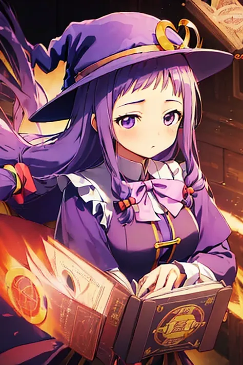 (((mahou sensei negima, yui ayase, mechanical wand, magic book, costume, droopy eyes, purple hair, witch hat)))