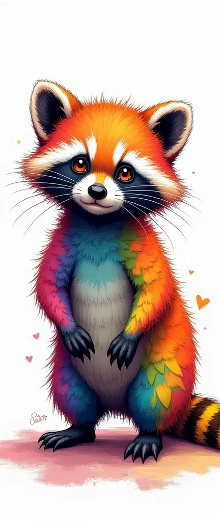 A captivating photograph of a rainbow-colored cute extra fluffy baby realistic raccoon with a strong, robust build. The bear has large, emotive eyes and is standing on a plain white surface. The bears fur is made up of circular patterns and triangular patc...