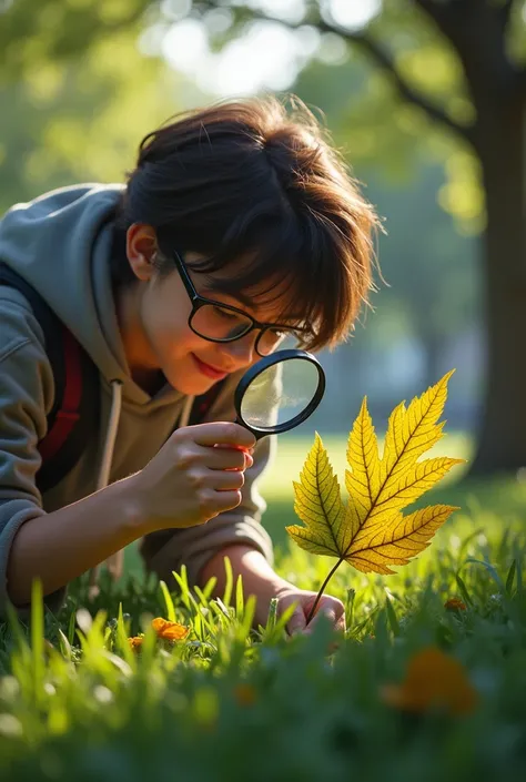 College student analyzing a tree leaf with a magnifying glass 