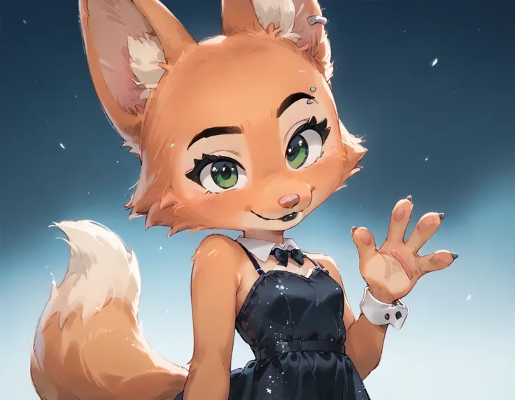 score_9, score_8_up, score_7_up, 2D art, digital art, Diane_Foxington, black eyebrows, silver piercings on eyebrow, fox tail, 4 fingers, black lipstick, emerald eyes, ginger fur, dusty-pink nose, dress, by diives