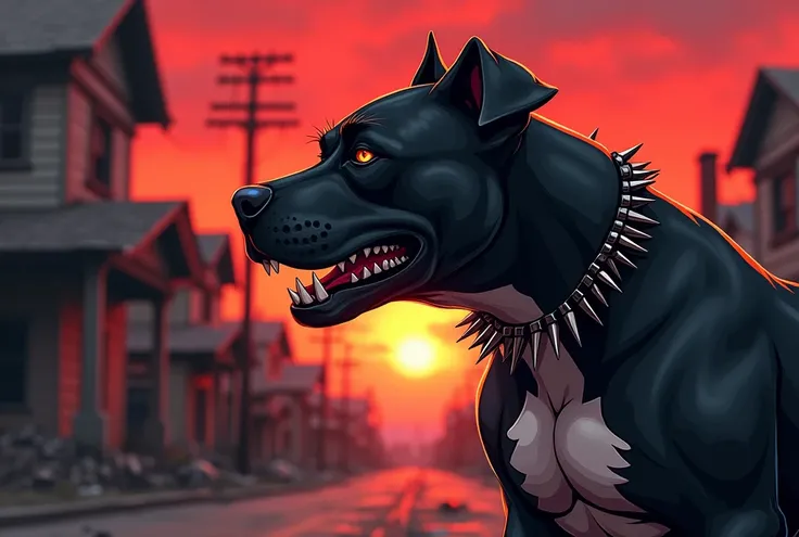 Logo-2D with a text: “cahorro loko”, | A anime black pitbull with a fierce expression, standing in the middle of a street at sunset. The POV close-shot highlights the dogs muscular build, wearing a punk-style spiked collar, emphasizing its powerful presenc...