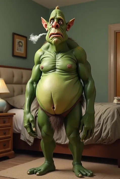 Create a slim ogre with a humanly look farting. Background: a regular men’s bedroom. 