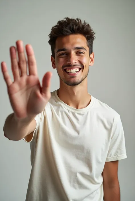 A young man waving (that is not animated)

